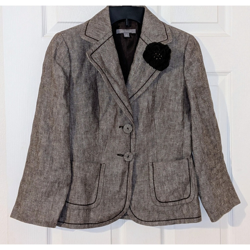 Ann Taylor Brown Linen‎ Blazer Jacket Size 0 Flower Brooch Pick Stitch Classic